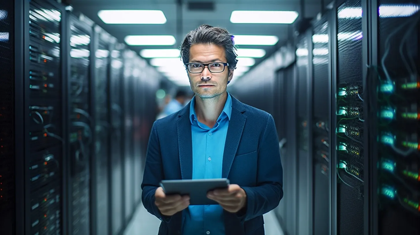 Espacio en rack con un ingeniero de TI entre las filas del centro de datos
