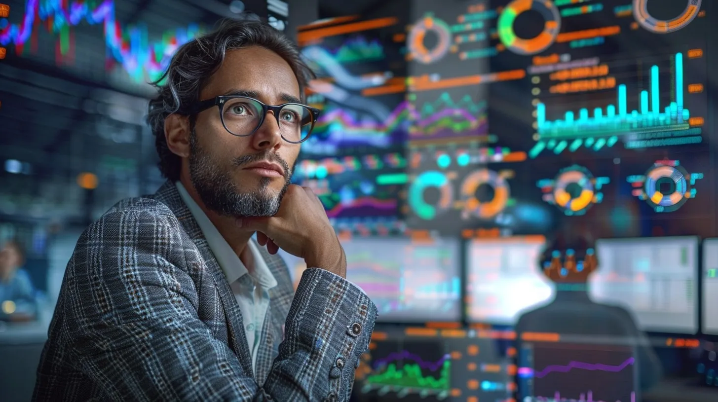 Hombre contemplando análisis en tiempo real vestido con chaqueta con datos en múltiples pantallas frente a él