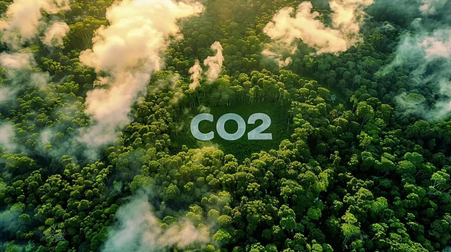 Certificados de energías renovables RECs Bosque denso con CO2 en el claro rodeado de árboles Data Center