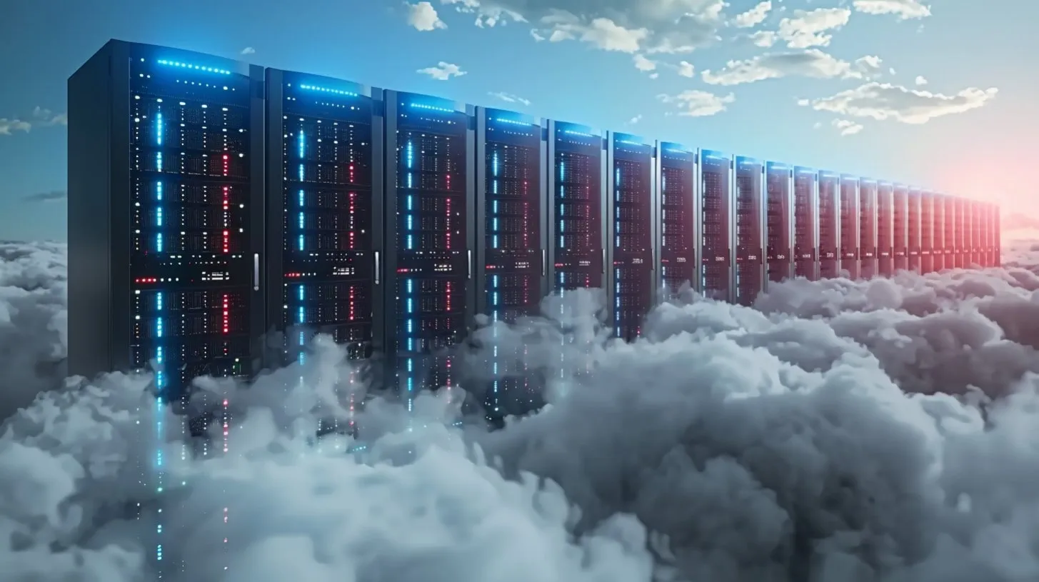 Fila de gabinetes de servidores sobre el horizonte en infraestructura digital con tecnología Glowing Sky