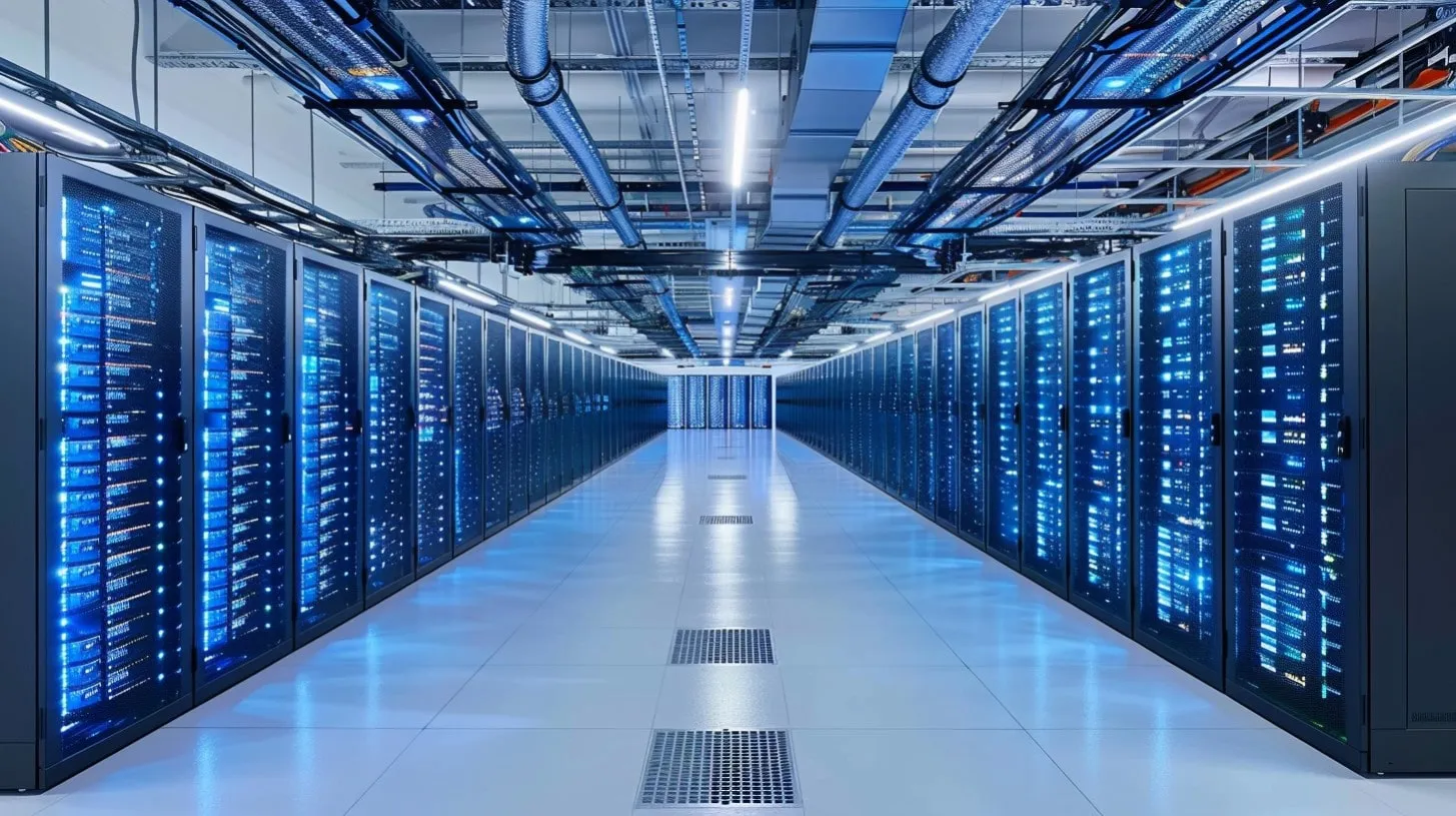 Racks de servidores en un gran centro de datos moderno con luces azules e infraestructura de cableado aéreo