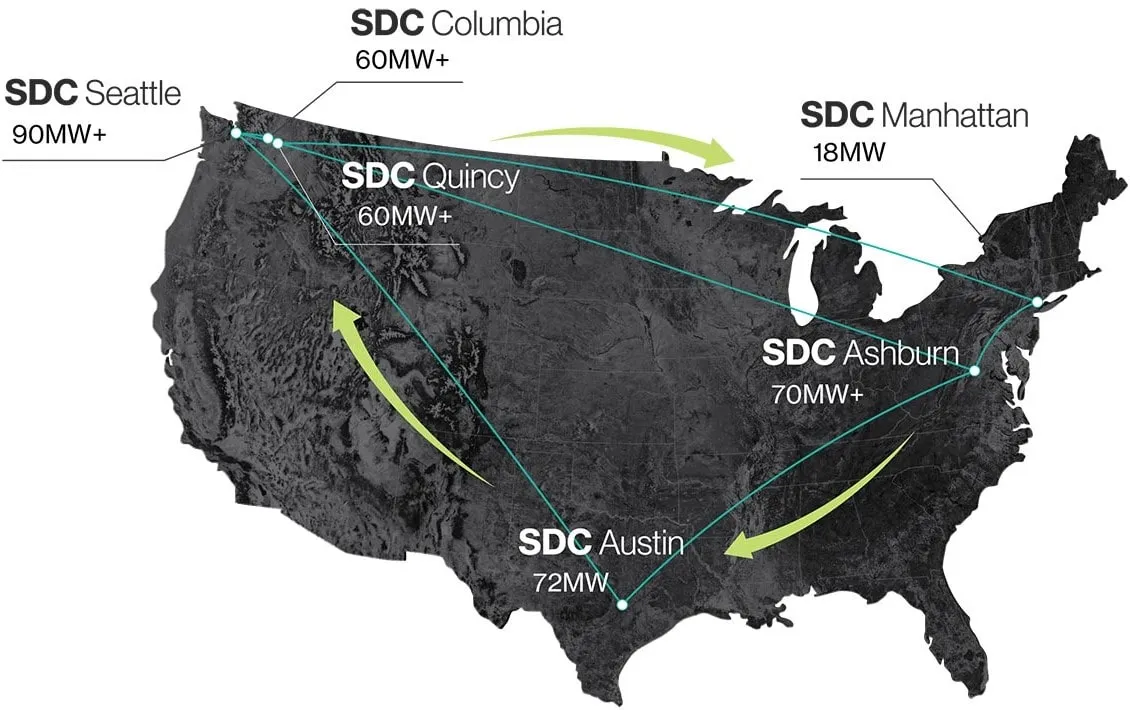 Sabey Data Centers Mapa del Portafolio de Centros de Datos