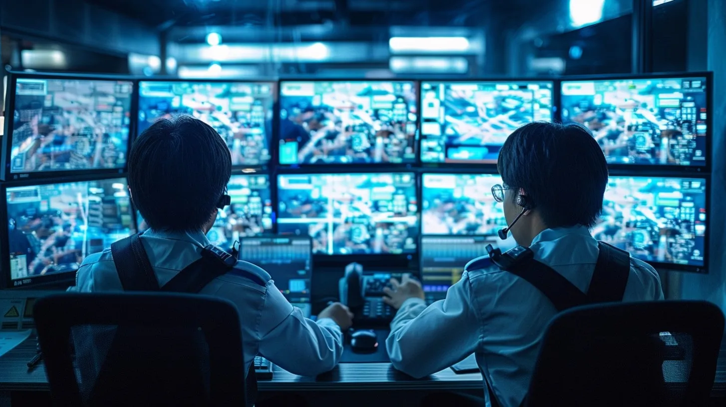 Monitoreo de Seguridad Dos Personal capacitado Monitorean Varias Pantallas en una Sala de Control