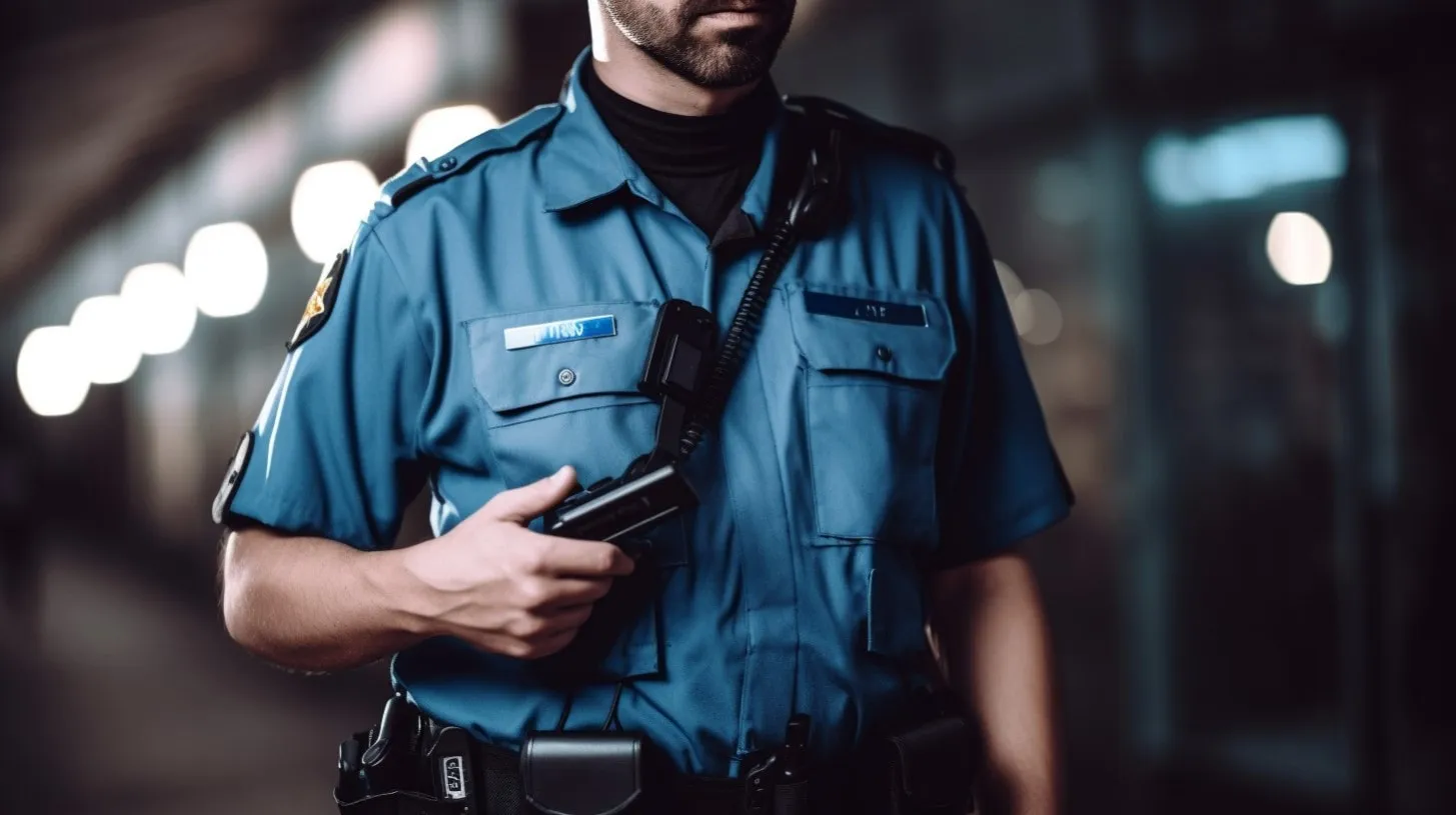 Oficial de Seguridad Viste Uniforme con Radio en Noche y Patrulla de Turno