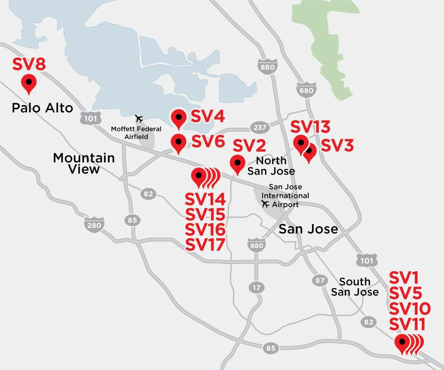 Silicon Valley San José Santa Clara Sunnyvale Palo Alto California Mapa del centro de datos de colocación Equinix