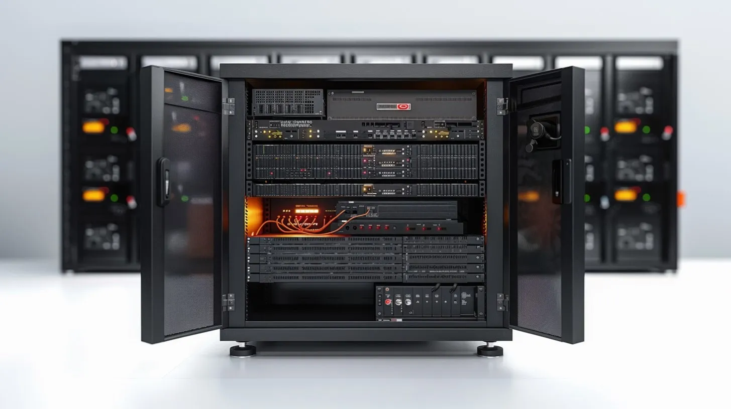 Mini Micro Centro de Datos con Puertas Abiertas y Luces Prendidas Mostrando Servidores Equipo TI Centro de Datos