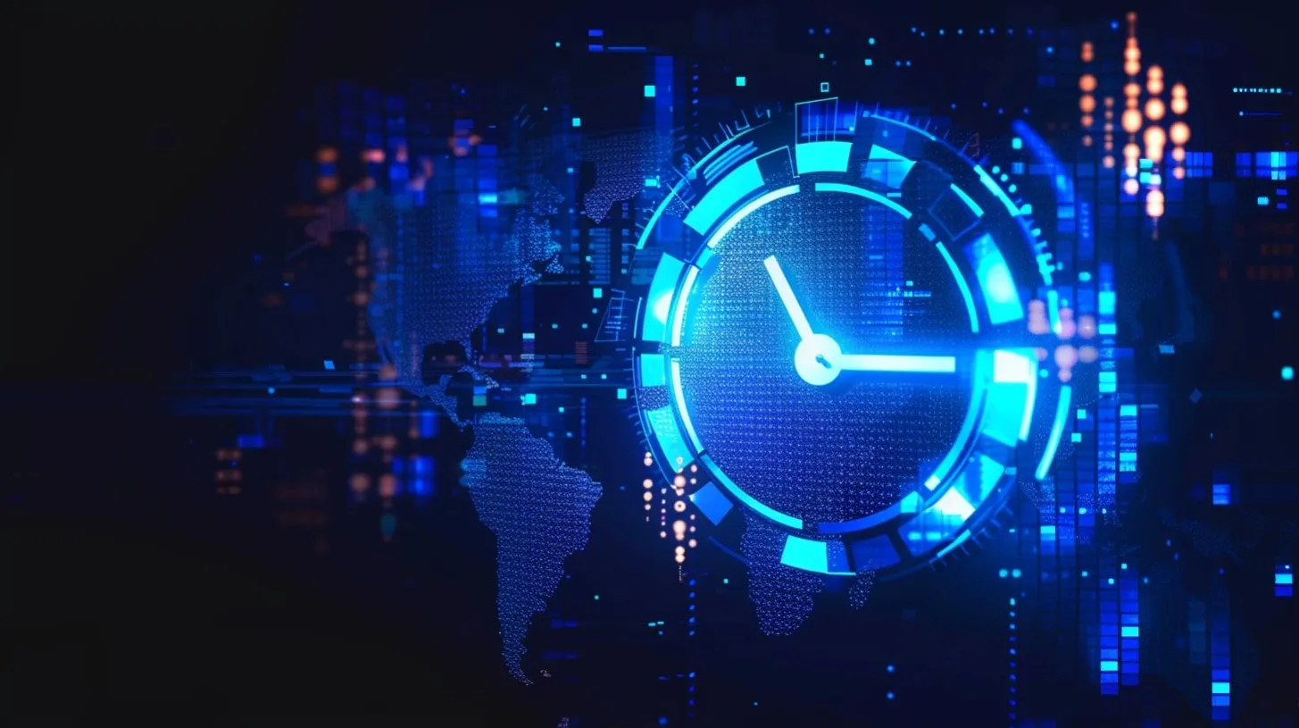 Speed to Market Depicted by a Digital Clock with a Blue Neon Glow that Shows the Time