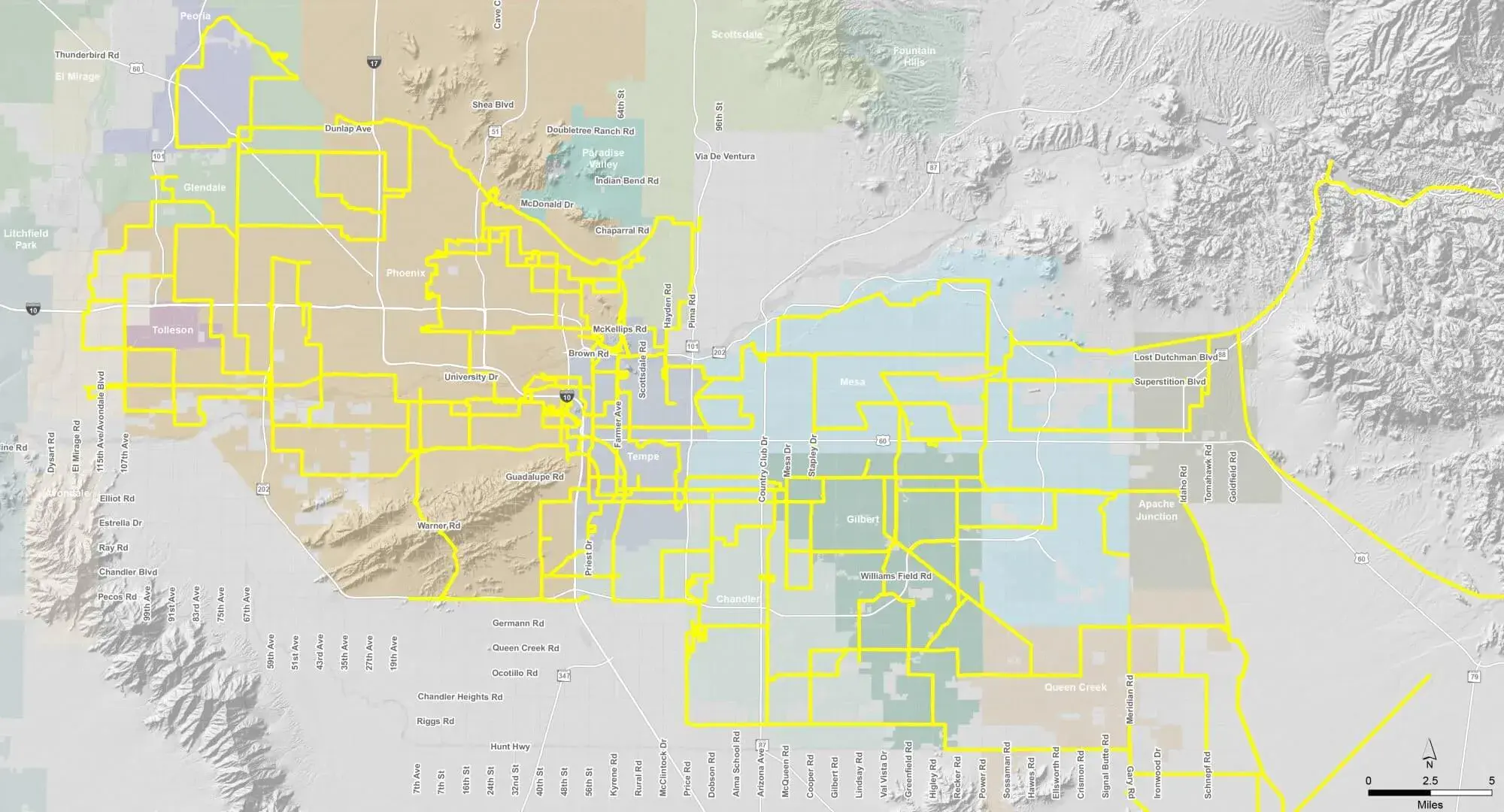 Mapa de la red de fibra oscura de SRP Telecom Phoenix Arizona