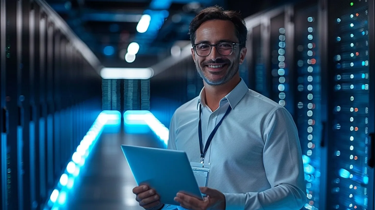 Descripción general del hombre de administración del centro de datos sosteniendo una tableta mientras está parado en una gran sala de servidores
