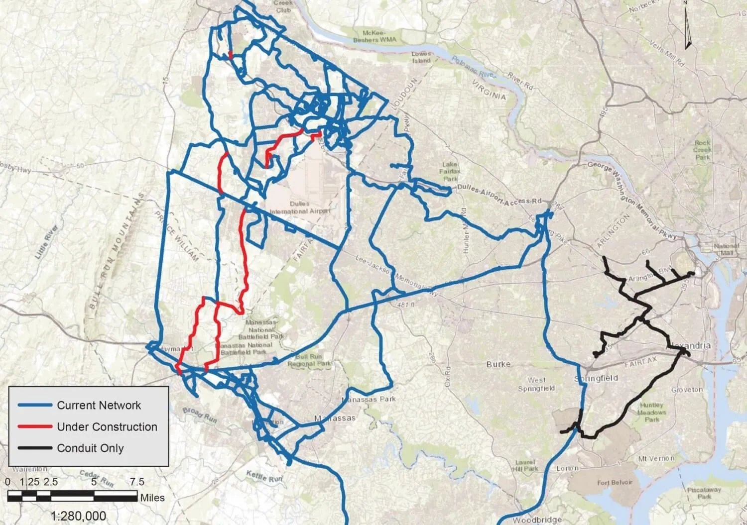 Mapa de la red de fibra oscura de SummitIG Northern Virginia