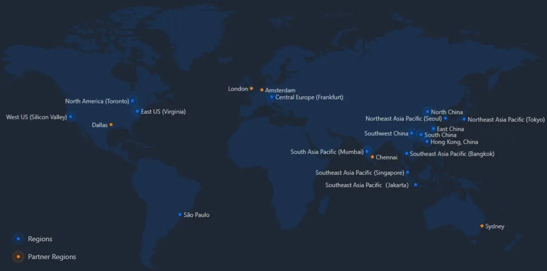 Mapa de regiones de Tencent Cloud, incluidos socios, para 2023