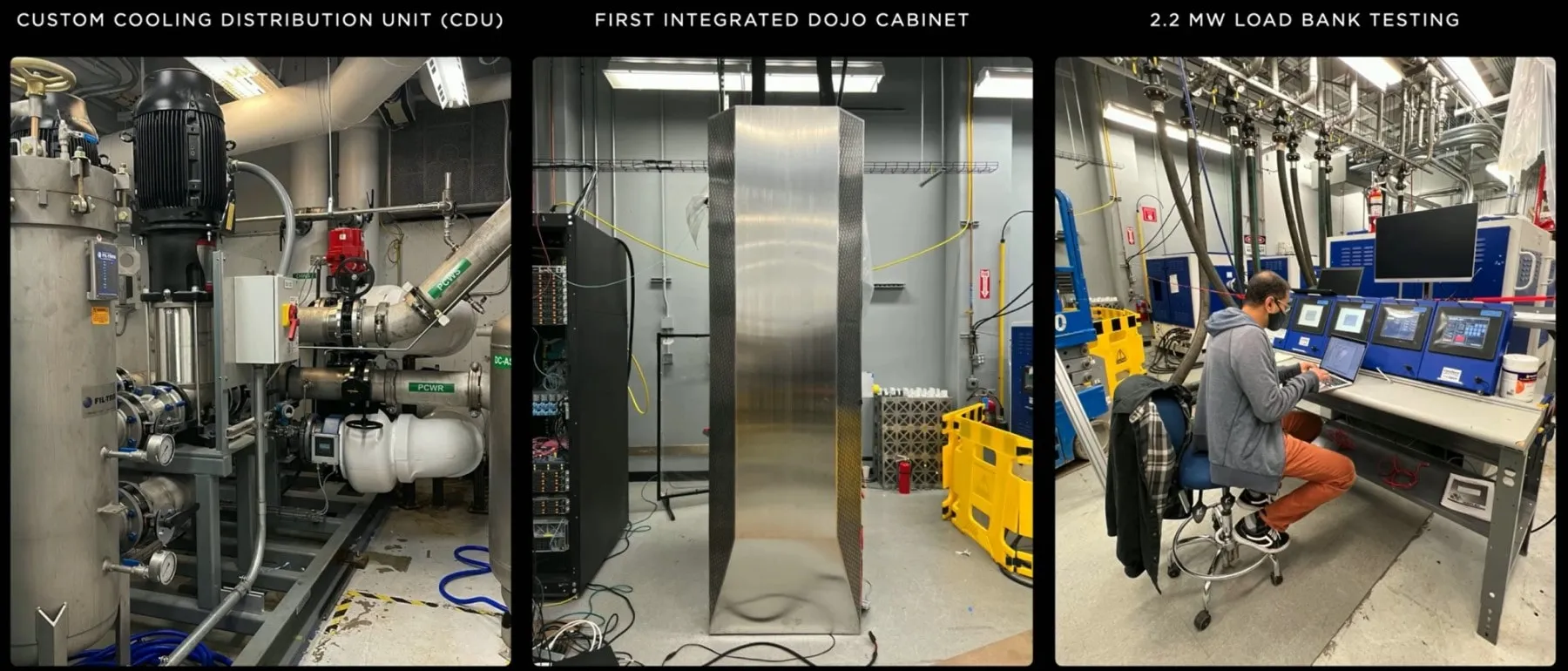 Unidad de distribución de refrigeración de hardware de supercomputadora Tesla Data Centers Dojo conectada al gabinete