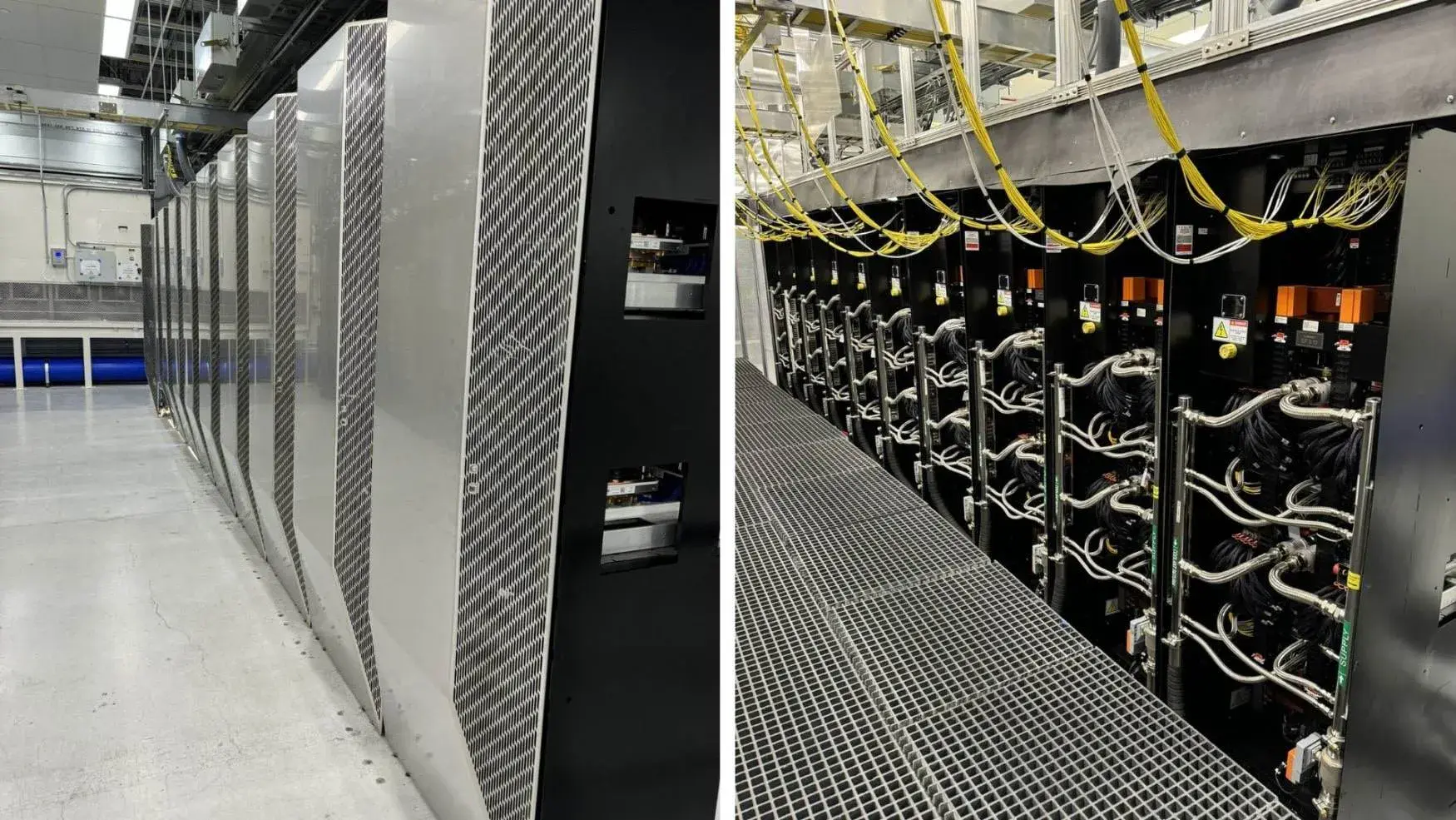 Supercomputadora Tesla Dojo Filas de gabinetes para servidores en centro de datos con cables e infraestructura de sistemas de enfriamiento