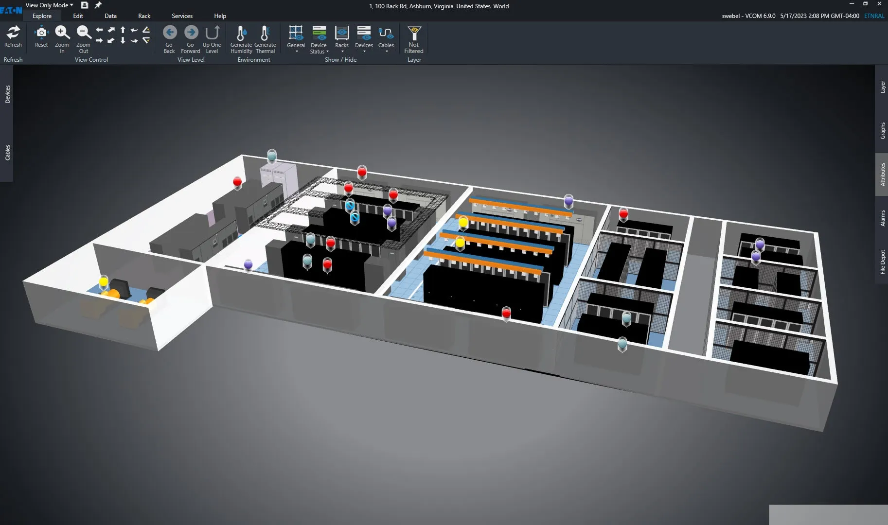 Herramienta de visualización de centros de datos 3D que muestra la infraestructura de refrigeración de servidores en racks