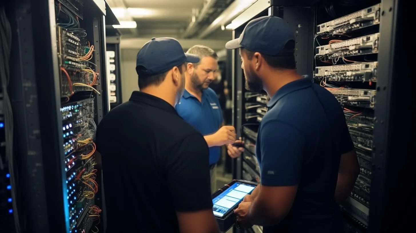Hombres inspeccionando la sala de servidores para pruebas y validación después de la mudanza