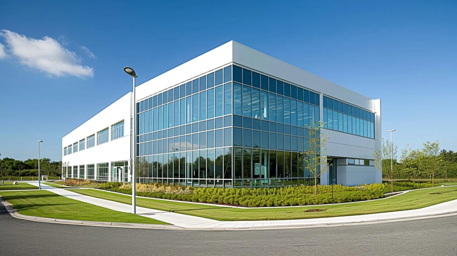 Edificio de centro de datos de nivel 2 con ventanas de vidrio al lado de la carretera