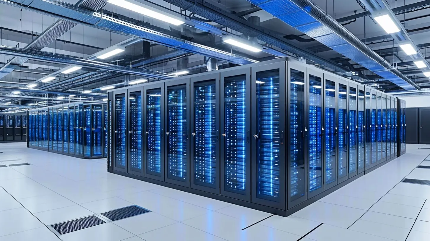 Centro de datos de nivel 3, gran instalación de almacenamiento de información con filas de racks y gabinetes para servidores