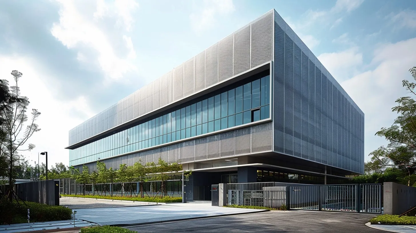 Edificio de varios pisos con centro de computación Tier 4 con puerta de seguridad en la entrada