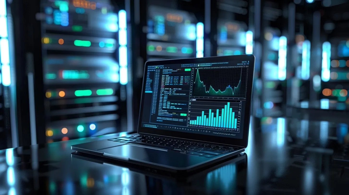 Herramientas Sistemas Soluciones Software en Centro de Datos Monitoreados en Laptop que se ubica encima del Escritorio Muestra Gráficos en Sala de Servidores