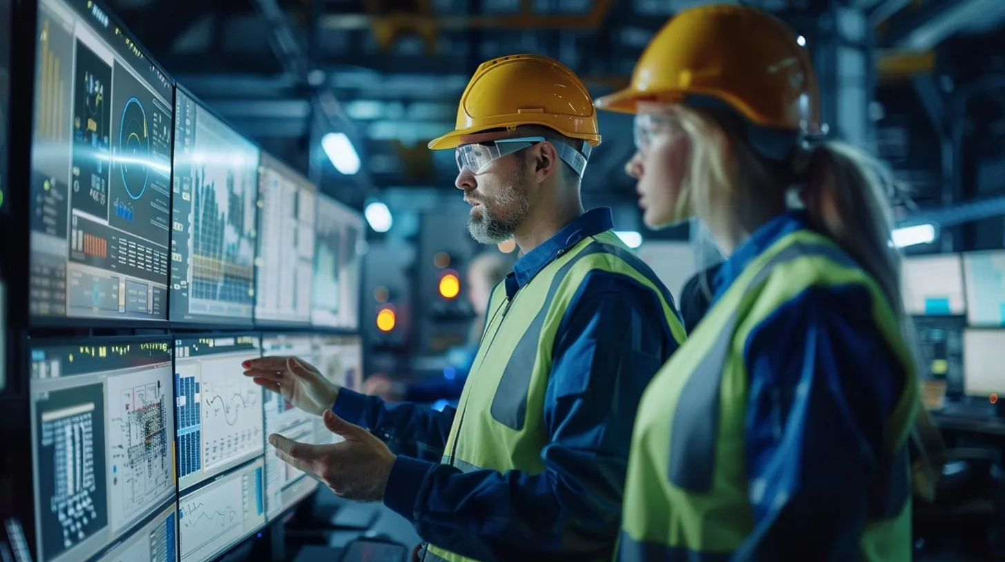 Ingenieros con cascos realizando monitoreo ambiental usando datos en pantallas grandes