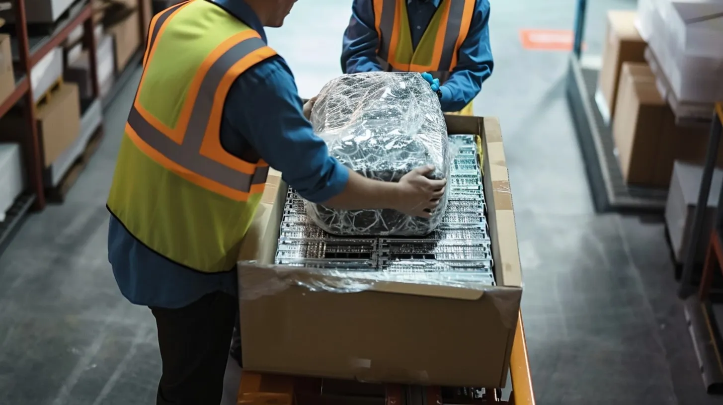 Dos ingenieros de TI manejan un servidor envuelto en burbujas en los pasillos de las instalaciones informáticas