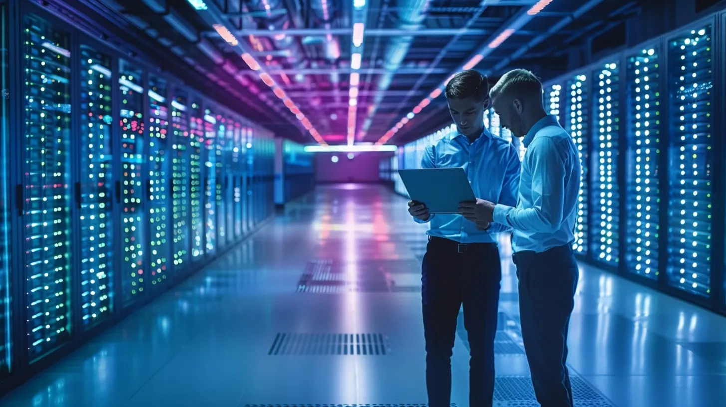 Profesionales de TI están parados en la sala de servidores de un centro de datos sosteniendo una computadora portátil para evaluar diferentes estrategias