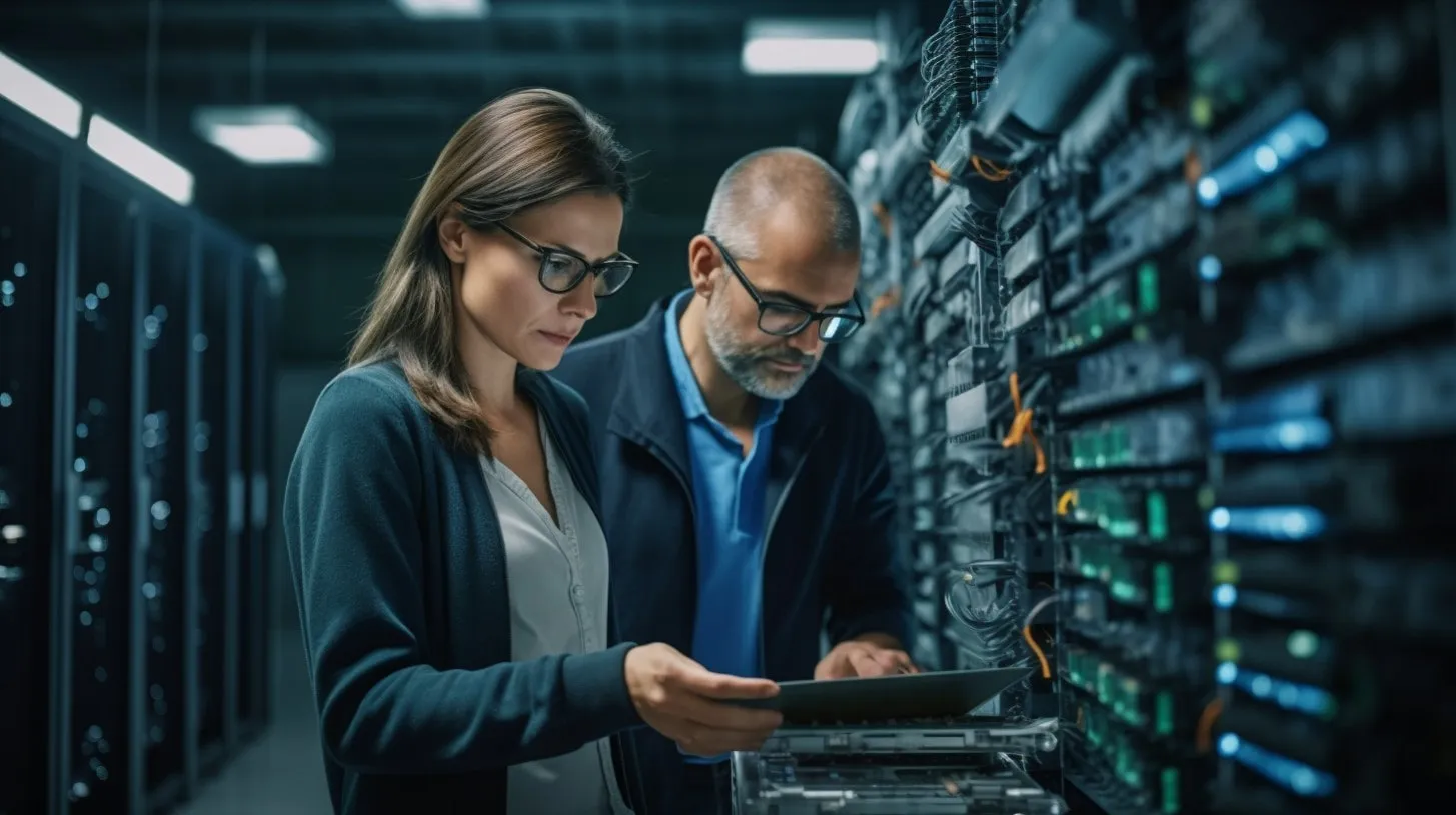 Profesionales analizando el inventario de activos en la fila del pasillo de la granja de servidores