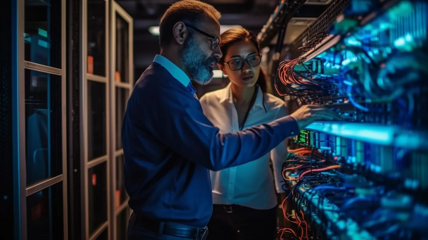 Profesionales analizando configuraciones de servidores de instalaciones TI