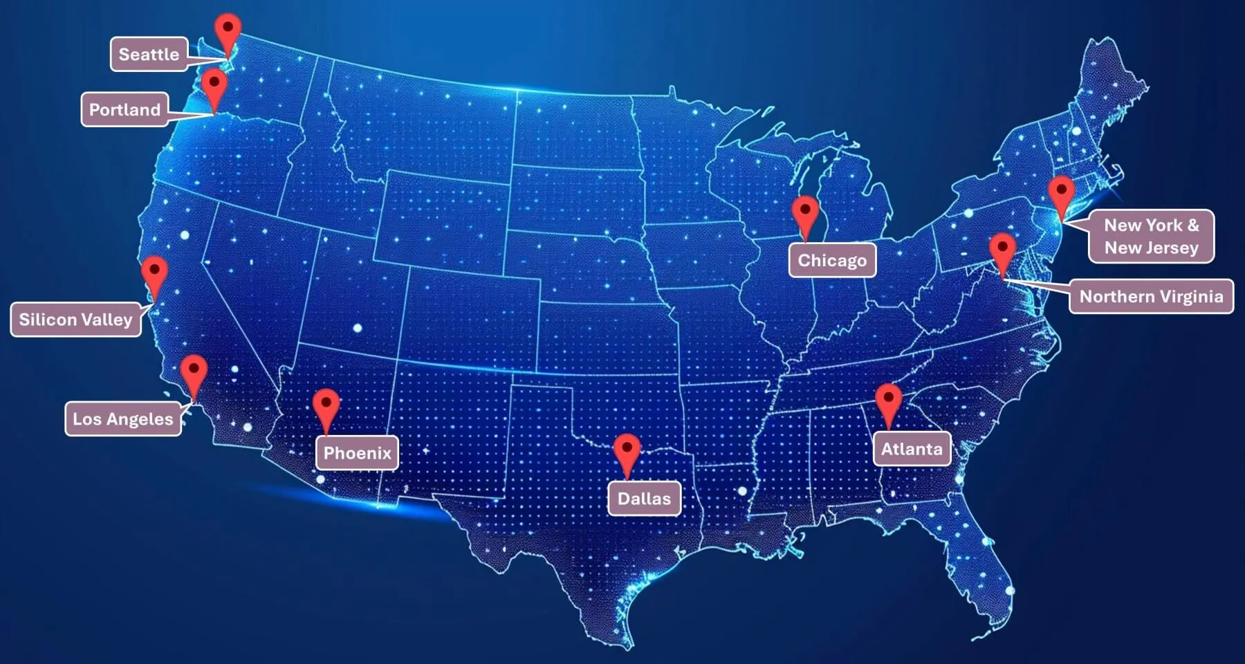 Estados Unidos de América Mapa de EE.UU. de las 10 principales ubicaciones de centros de datos en todo el país