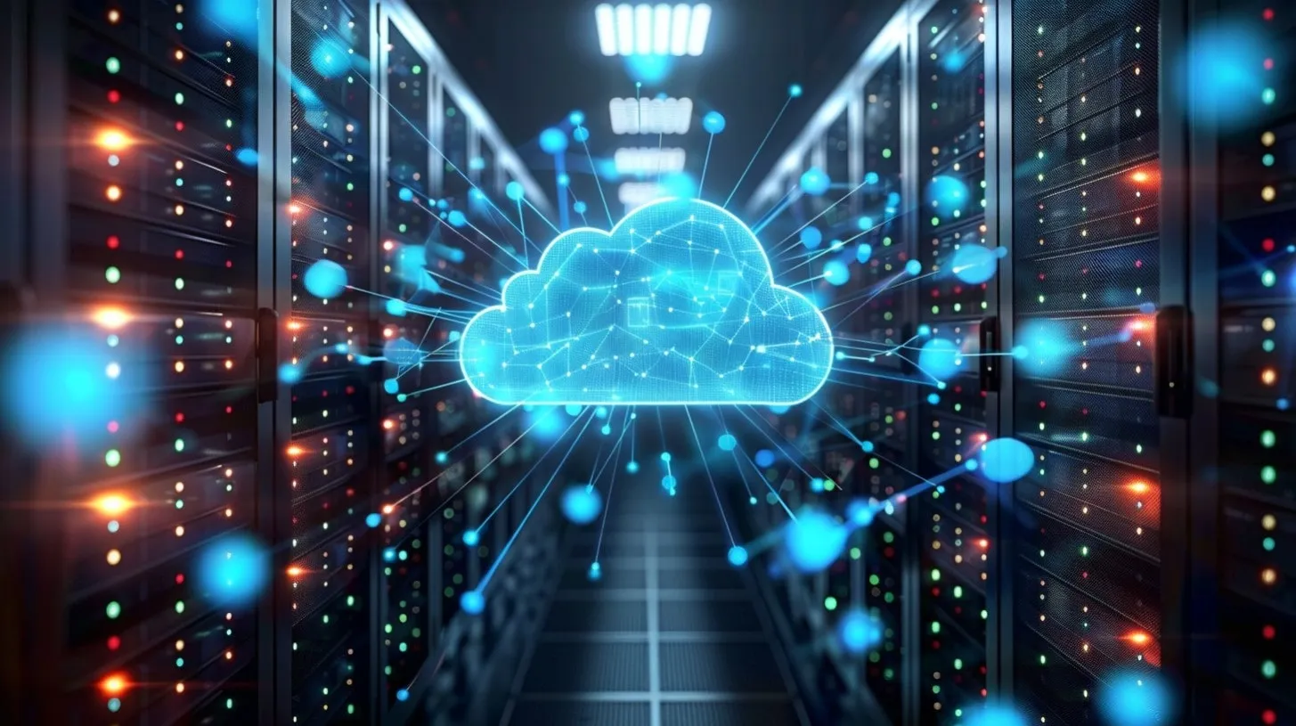 Representación de infraestructura digital de una red informática en una instalación de granja de servidores