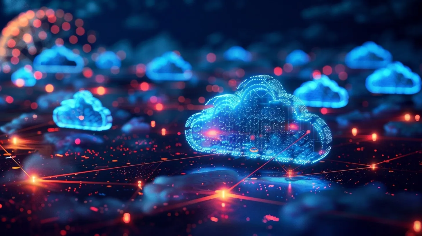 Visualización digital de nodos informáticos en red con conexiones de infraestructura iluminadas