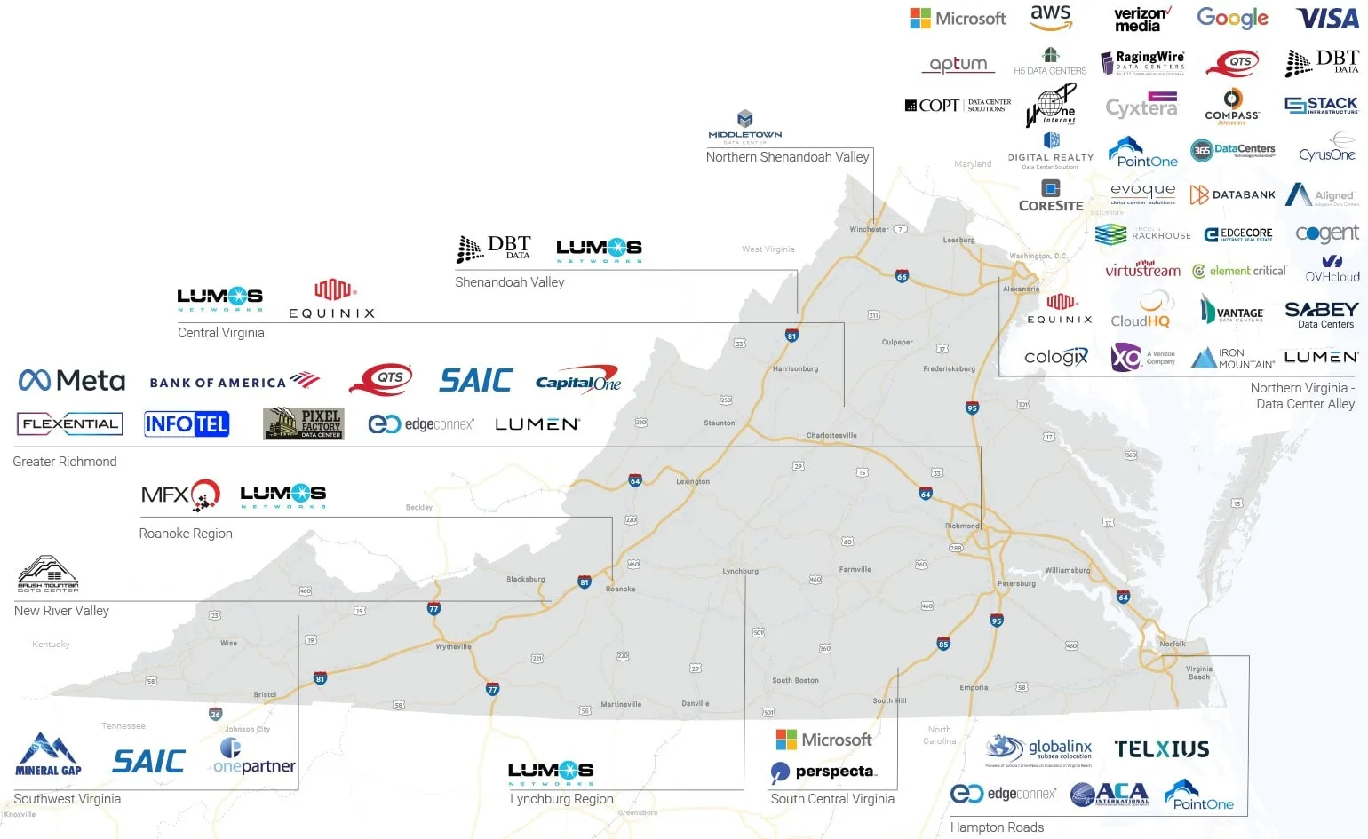 Mapa del Centro de Datos del Estado de Virginia con Logos