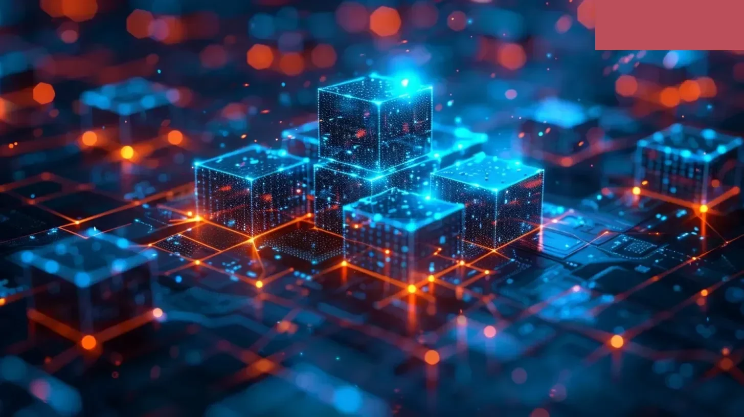 La tecnología de virtualización brilla con cubos de neón flotando sobre el futuro de la placa de circuito oscuro