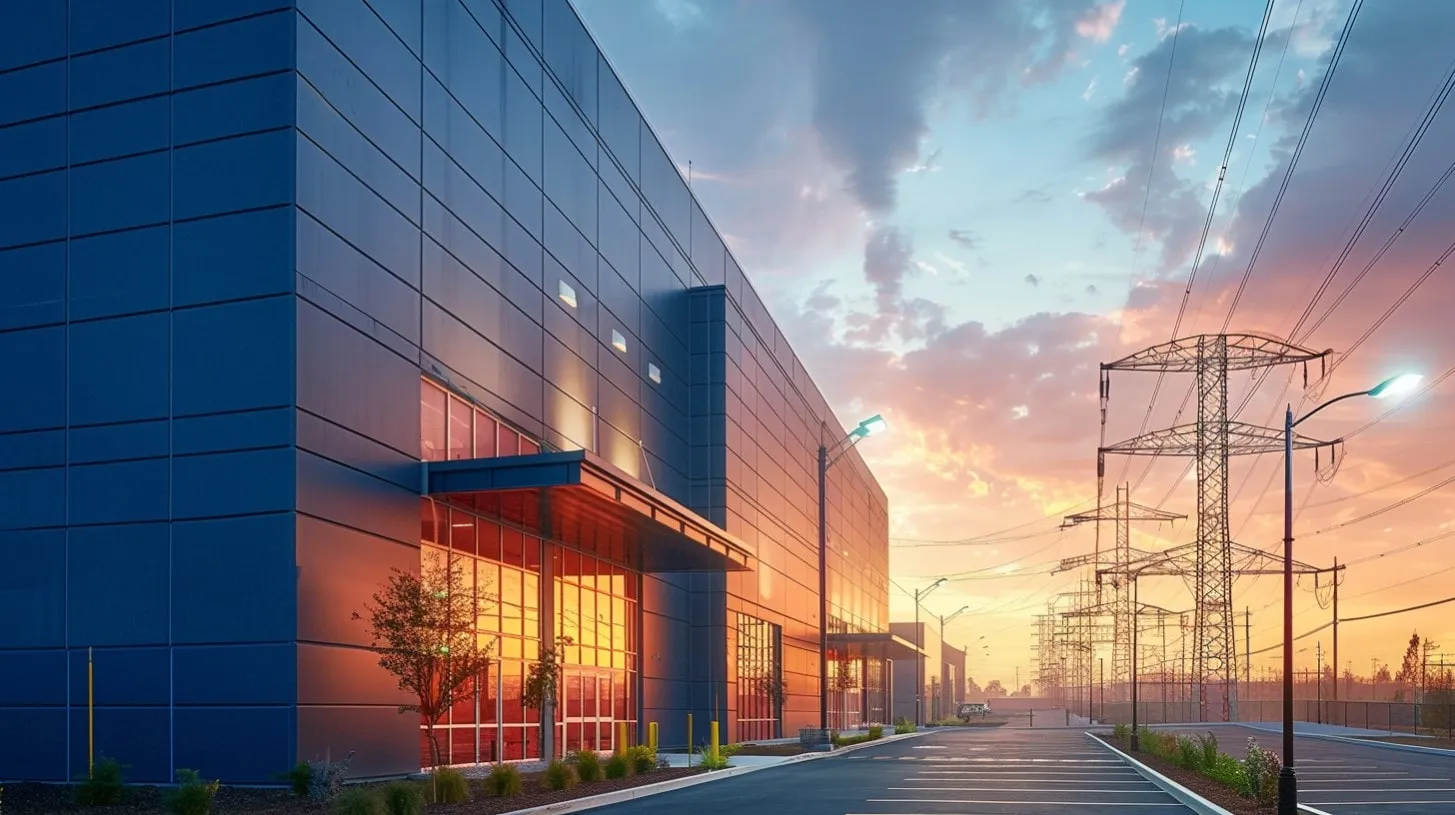 Centros de datos alimentados por electricidad mientras el edificio brilla al atardecer con líneas de torres en el cielo despejado