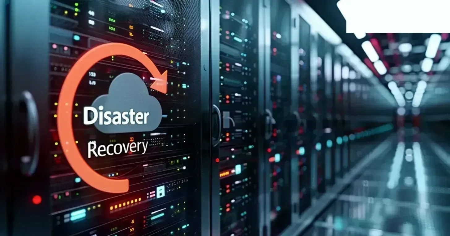 Centro de datos de recuperación de desastres con racks de servidores Luces brillantes Símbolo de nube reflejado en el piso