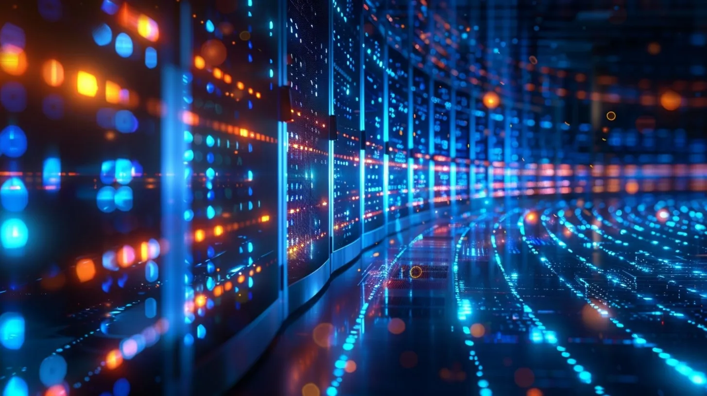 Instalación de centro de datos de próxima generación con luces que se reflejan en gabinetes y racks de servidores