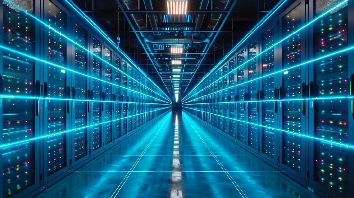 Centro de datos redundante Luces interiores brillantes Racks de servidores de piso a techo reflectantes