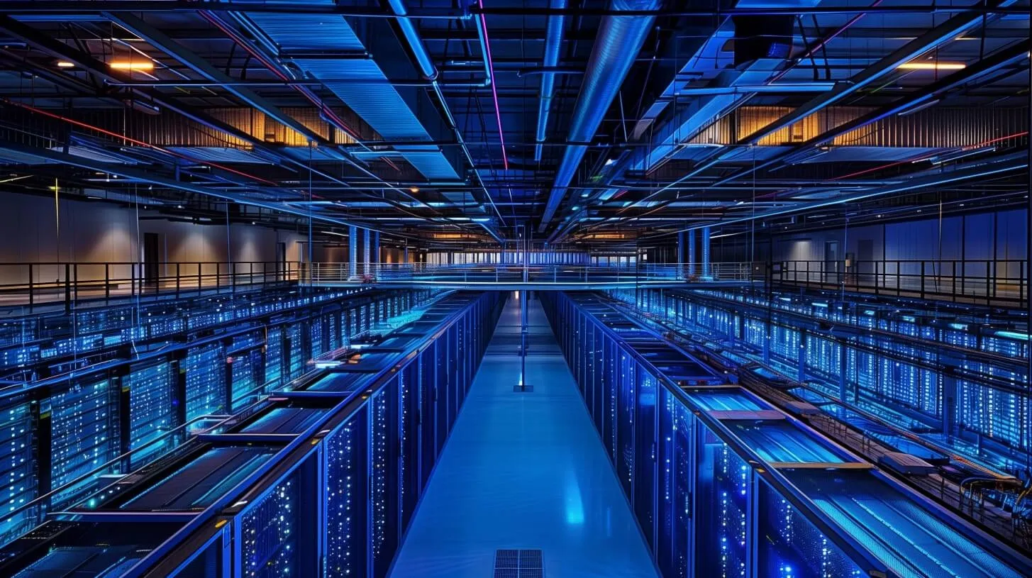 Esquema y diseño de la arquitectura del centro de datos mostrado por una vasta instalación informática con filas de racks de servidores