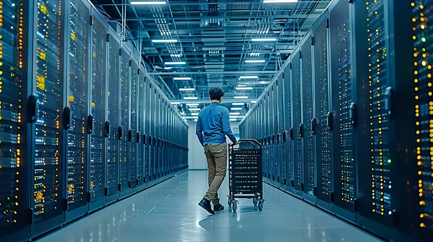 Hombre de colocación administrada empujando un carrito a través de un centro de datos lleno de racks de servidores y equipos de TI
