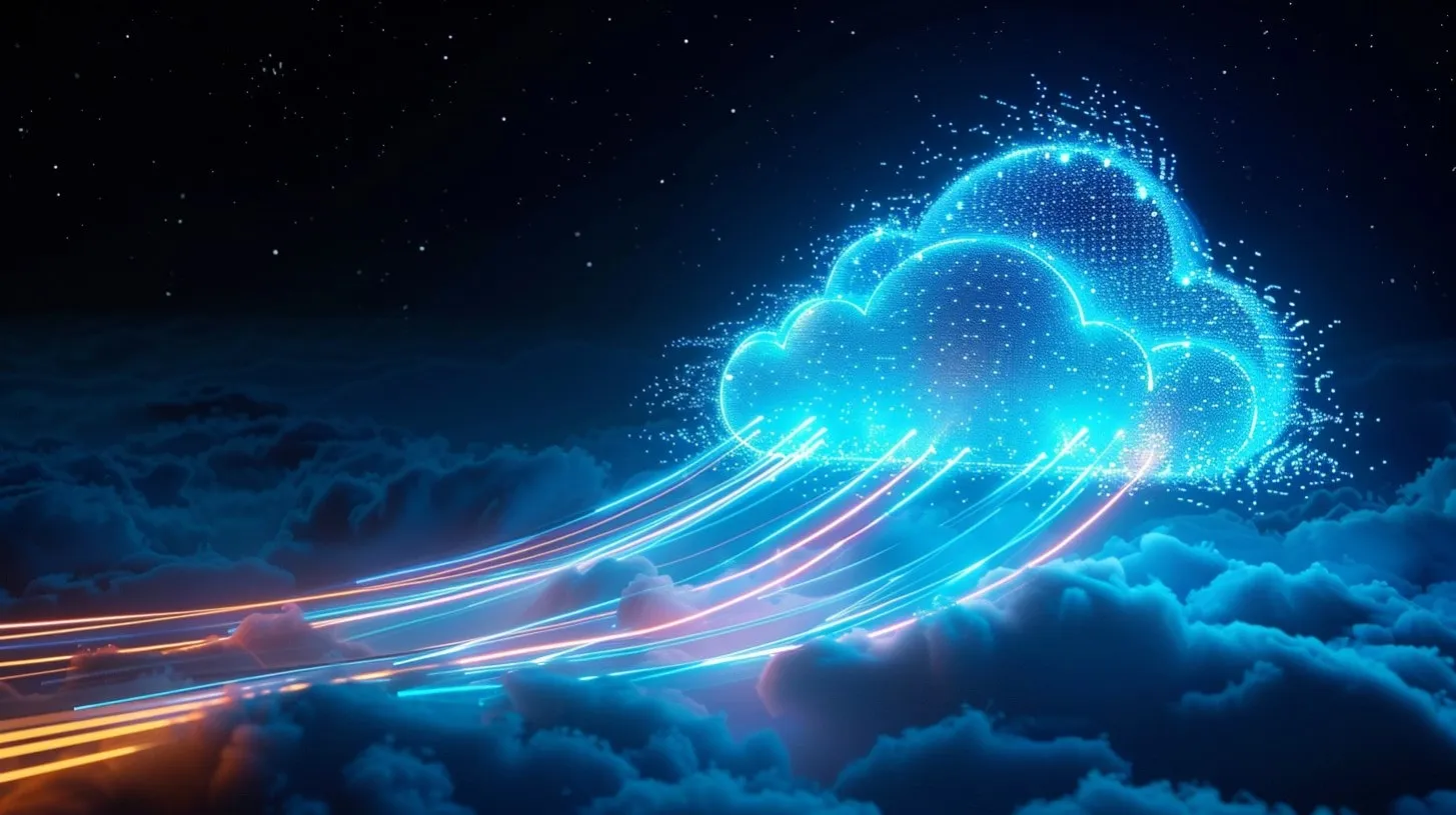 Migración local a la nube mostrada a través de brillantes rayos de luz digitales de neón