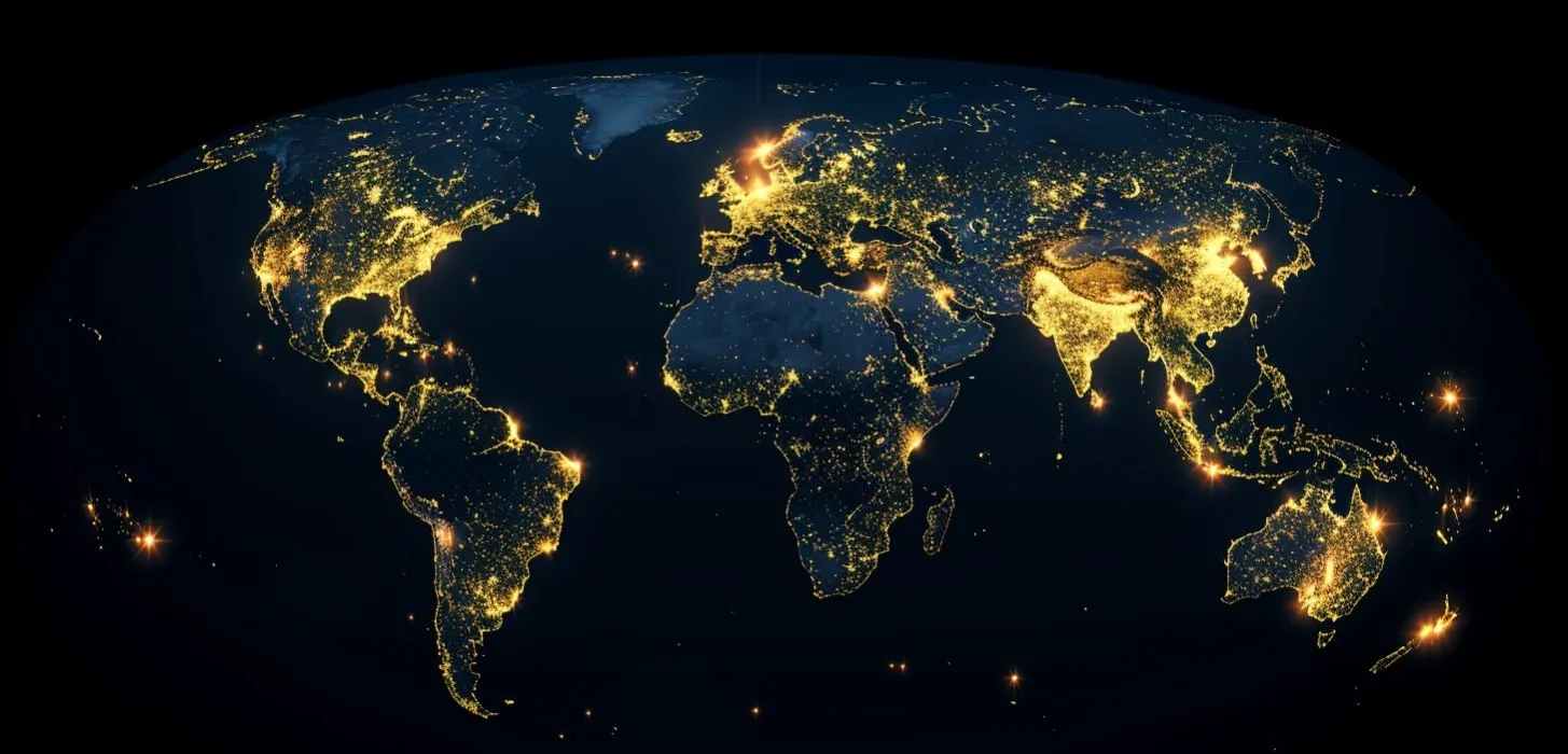 El voltaje de la energía de los centros de datos alrededor del mundo de noche mostrando los contornos continentales en la luz