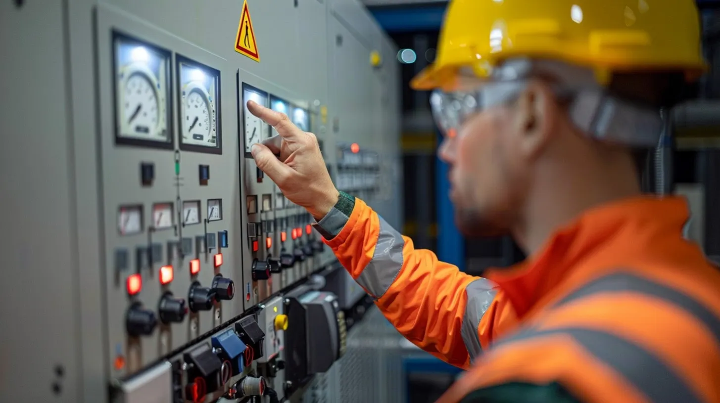 Ingeniero eléctrico en equipo de seguridad naranja inspecciona panel de control que es un medidor de potencia