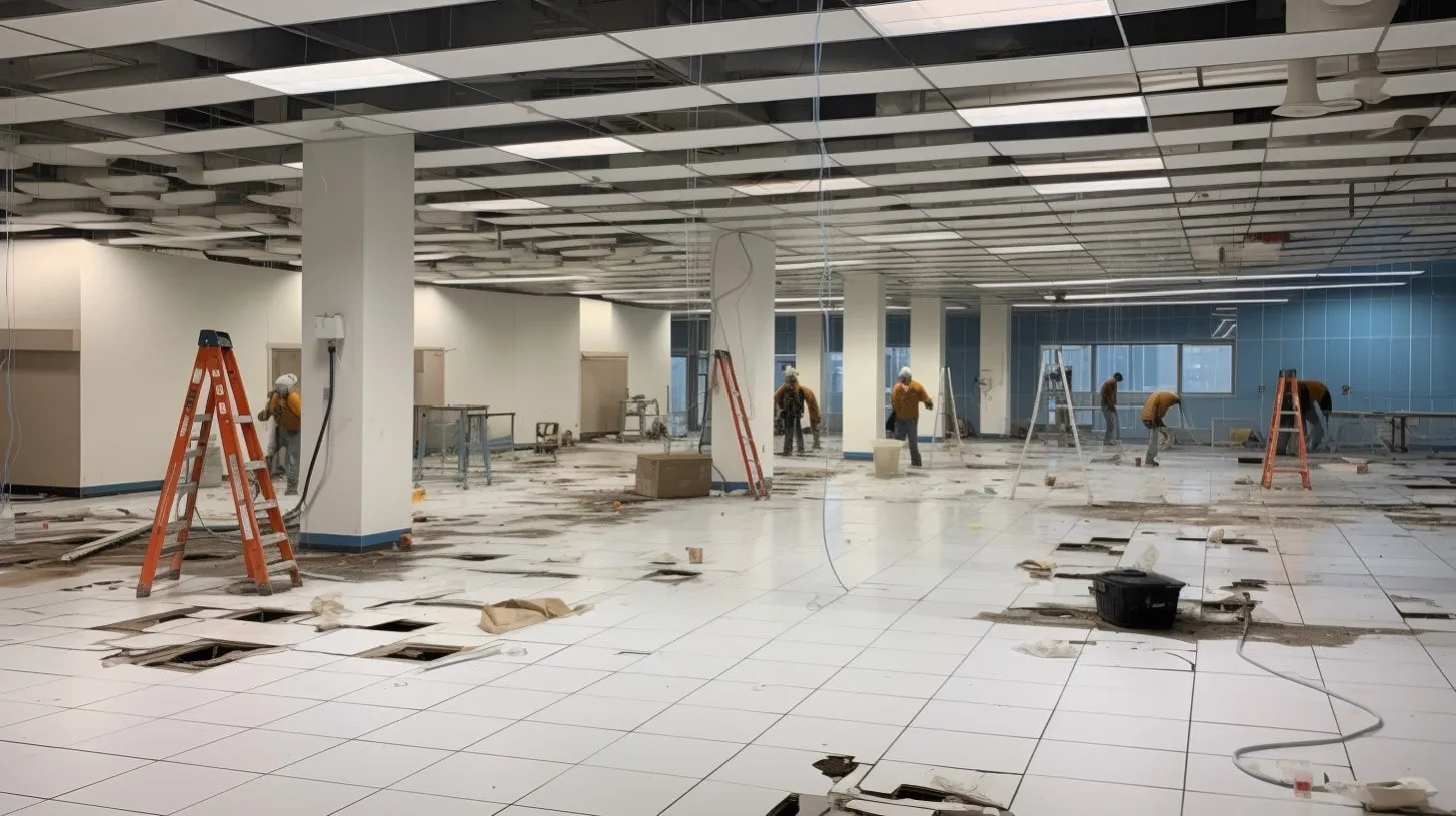 Apagando y desmantelando una gran granja de servidores vacía en un espacio en blanco