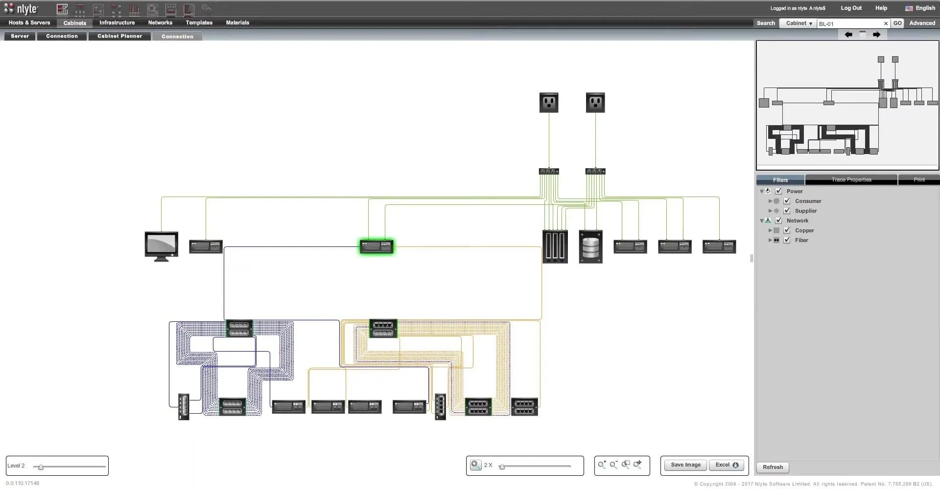 El software de gestión de cambios de flujo de trabajo muestra las conexiones de red y alimentación en pantalla