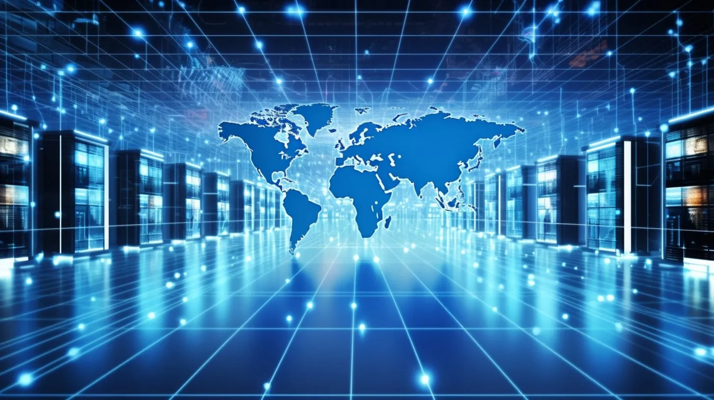 Mapa del Mundo con Conectividad en una Sala de Servidores de Centro de Datos con una Amplia Red