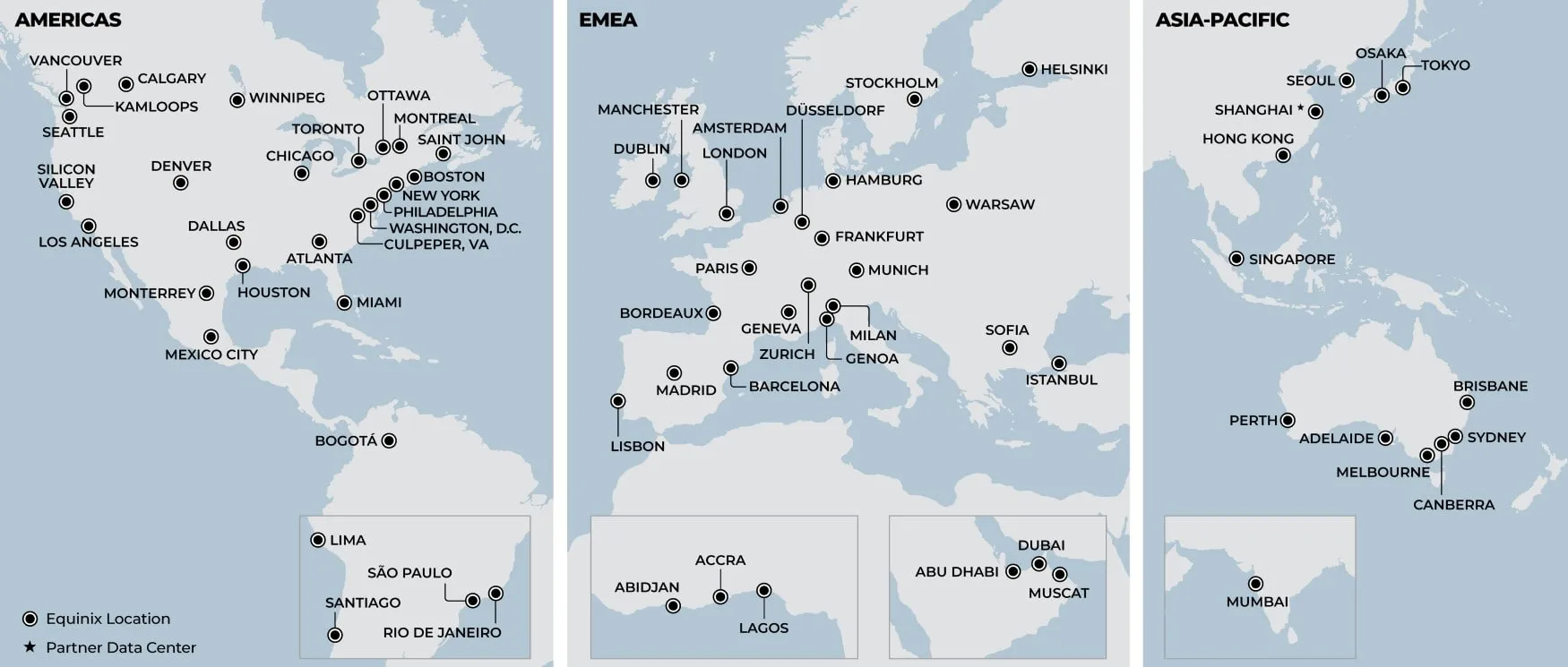 Mapa mundial que muestra a Equinix junto a los centros de datos asociados