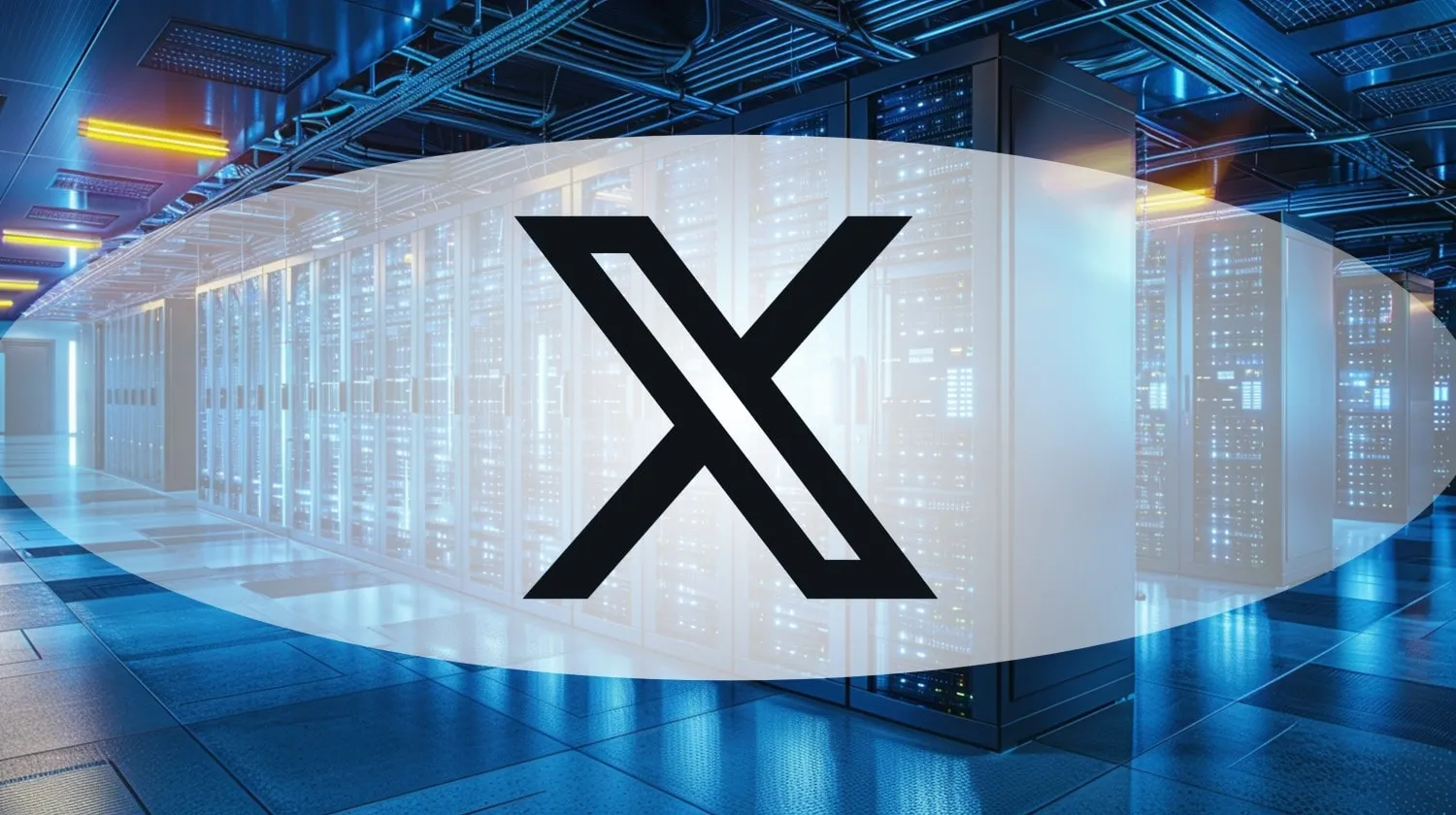 Logotipo de Twitter de X Corp superpuesto en primer plano en el centro de datos con filas de gabinetes de servidores e infraestructura