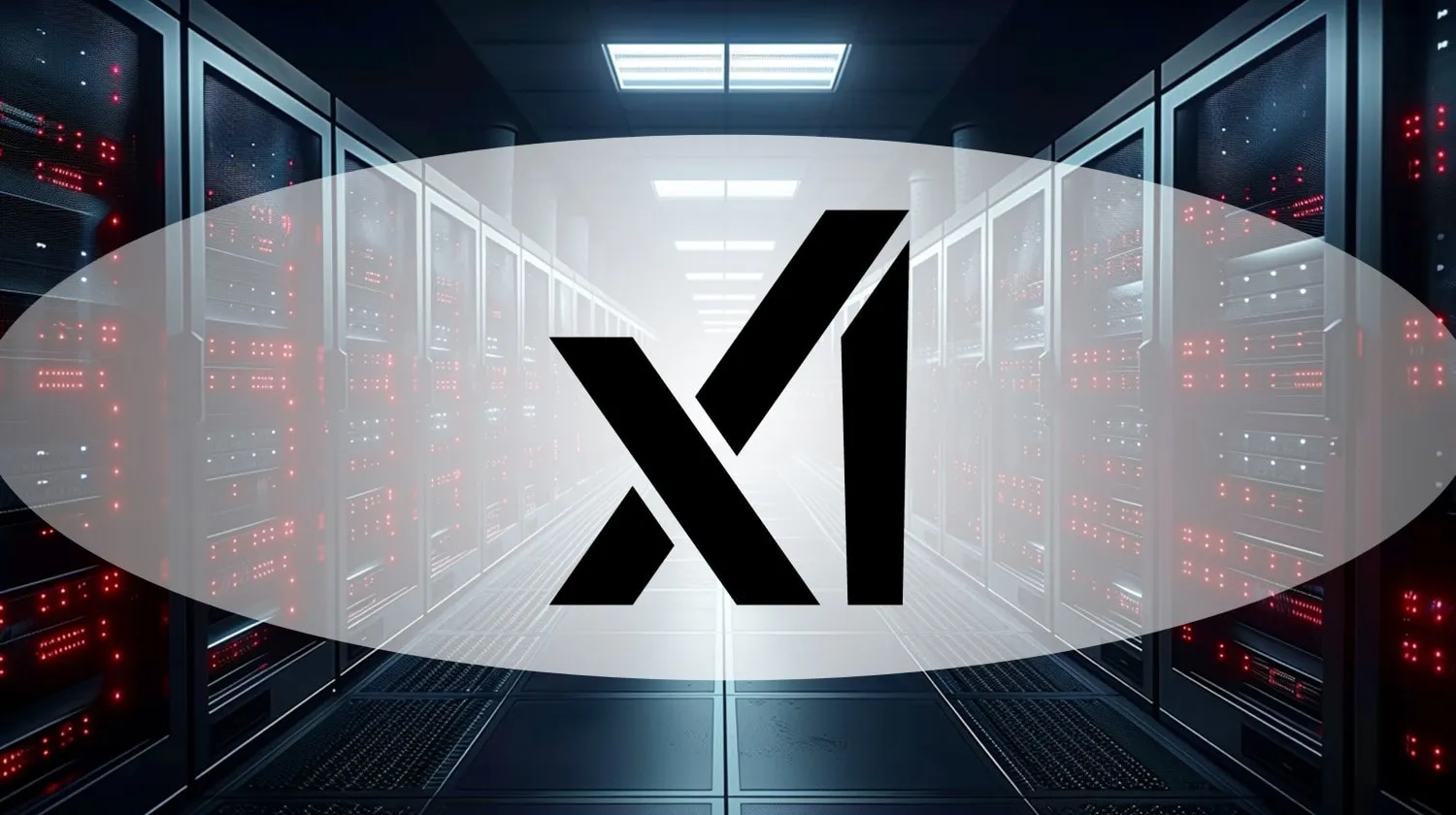 Superposición del logotipo de xAI centrado en el centro de datos y la sala de servidores con luces rojas brillando en la infraestructura