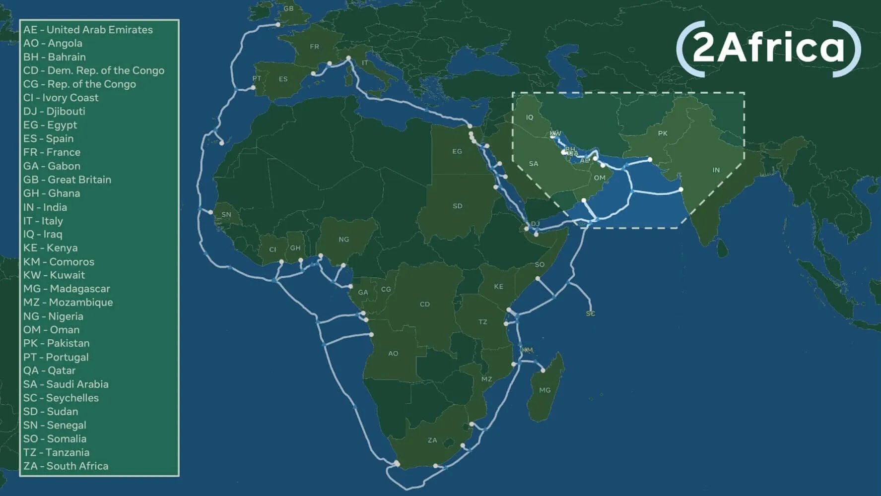 2Africa PEARLS Branch Subsea Cable Map