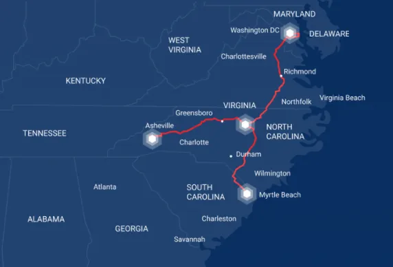 3Red8 Phase 1 East Coast Fiber Network Map